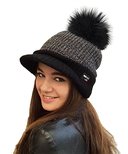 RockJock, gorro con forro polar de punto y visera tipo gorra de béisbol con pompón desmontable de piel sintética, llévalo con o sin pompón Negro negro Taille unique