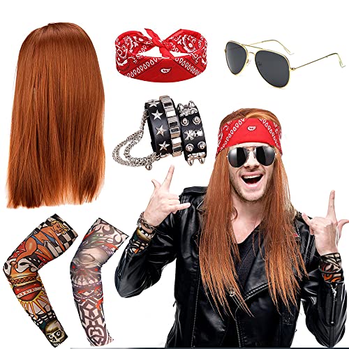 Rockstar 70s 80s Heavy Metal Disco peluca Accesorios de disfraz Collar con colgante de cruz pulida, sombrero largo y rizado, gafas de sol, disfraz de rocker, accesorios de disfraces