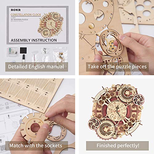 ROKR Rompecabezas Puzzles 3D Zodíaco Pared Reloj para Adultos Niños Mayores de 14 Años Maquetas de Madera para Construir Regalos de Decoración Retro 168 Teilen, Zodiac Wall Clock