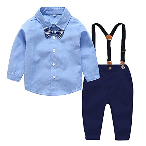 Ropa Bebe Conjunto Niño Traje de Vestir Conjuntos de Otoño e Invierno Camisa de Manga Larga Pantalón + Pajarita Tirantes Ropa Niño Caballero 6 Meses a 6 años (Azul005, 12-18M)