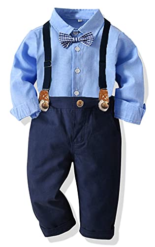 Ropa Bebe Conjunto Niño Traje de Vestir Conjuntos de Otoño e Invierno Camisa de Manga Larga Pantalón + Pajarita Tirantes Ropa Niño Caballero 6 Meses a 6 años (Azul005, 12-18M)