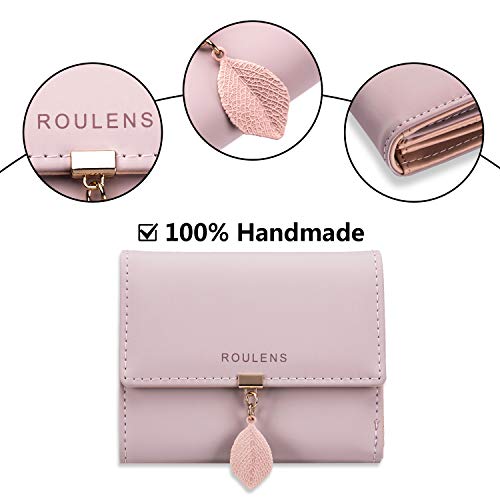 Roulens Cartera de Mujer con RFID Monedero Corto Adorno Hoja Colgante Cartera Minimalista con Bolsillo de Cremallera para Monedas