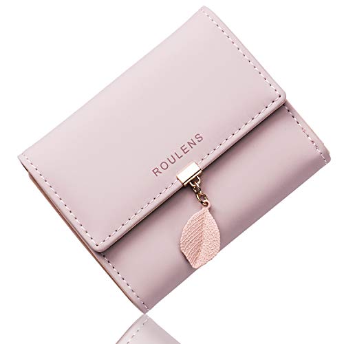 Roulens Cartera de Mujer con RFID Monedero Corto Adorno Hoja Colgante Cartera Minimalista con Bolsillo de Cremallera para Monedas