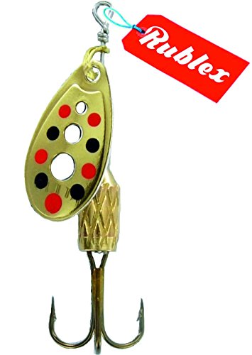 Rublex - Pack de 5 Cucharillas de Pesca C-Turbo-2 OPRN | Cebo Artificial de Pesca con Sistema de Clip y Acción de Giro Mejorado, Oro Puntos Rojos Negros, 3'5gr