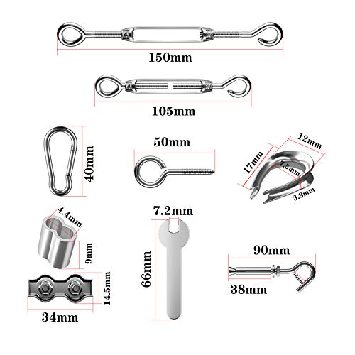 Ruesious Kit de Cuerda de Acero Inoxidable, Kit de Luces para Exteriores, Kit de Suspensión de Cuerda, Cable de Cable de 30m con Tensor y Ganchos, Cable de Acero Inoxidable Nylon