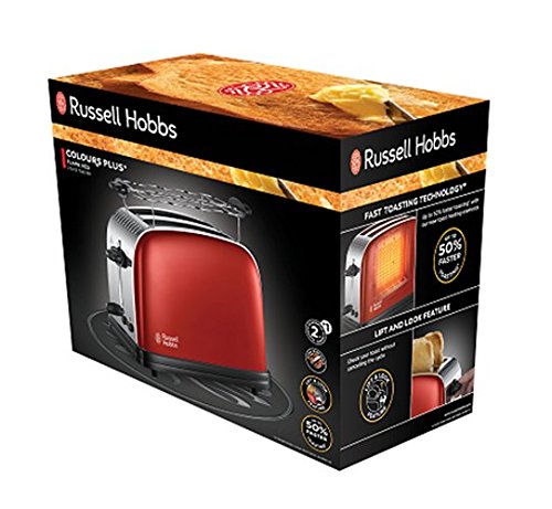 Russell Hobbs Tostadora Colours Plus - 2 Ranuras Cortas y Anchas, para 2 Rebanadas, Acero Inoxidable, Rojo - 23330-56