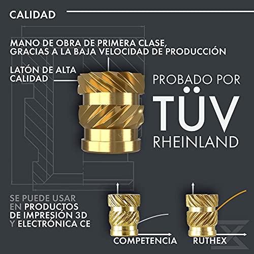 ruthex Inserto roscado M5-50 casquillos roscados de latón RX-M5x9.5 – tuercas de inserción para piezas plásticas – tuercas moleteadas para embutir en piezas de impresora 3D por calor o ultrasonidos