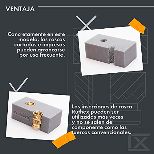 ruthex Inserto roscado M5-50 casquillos roscados de latón RX-M5x9.5 – tuercas de inserción para piezas plásticas – tuercas moleteadas para embutir en piezas de impresora 3D por calor o ultrasonidos