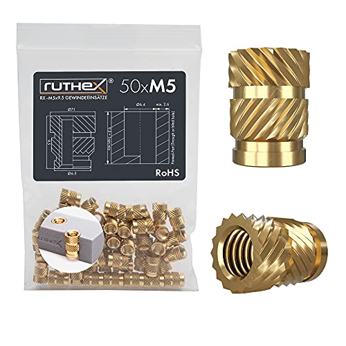 ruthex Inserto roscado M5-50 casquillos roscados de latón RX-M5x9.5 – tuercas de inserción para piezas plásticas – tuercas moleteadas para embutir en piezas de impresora 3D por calor o ultrasonidos