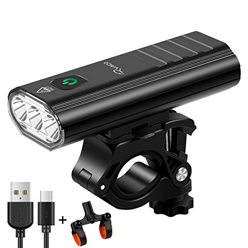 Ryaco Luz de Bicicleta, Faro de Bicicleta con 3 Leds de 2400 lúmenes, Faro de Bicicleta de Bicicleta Recargable por USB con 5200 mAh de Capacidad con función de batería Externa (Tres Rayas Negras)