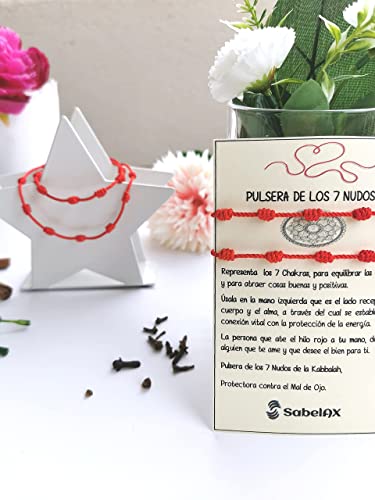 SabelAX Pulsera 7 Nudos Roja - Hilo Rojo - Protección Mal de Ojo y Buena Suerte - Unisex, para Mujer y Hombre - Kabbalah - para Parejas