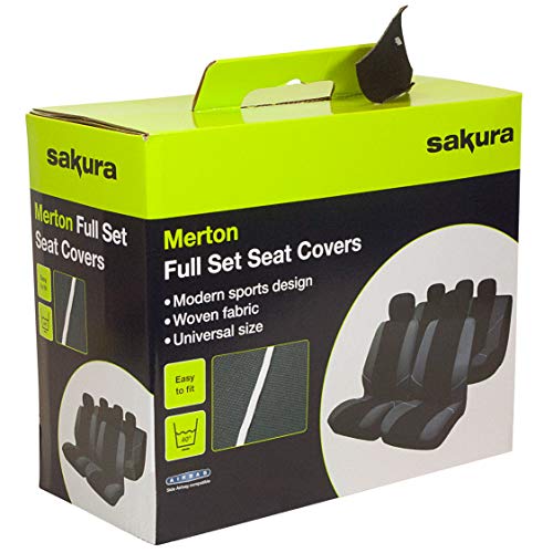 Sakura Merton By0802 - Fundas para Asientos y Reposacabezas de Coche, Juego Completo Universal, Dobladillos Elásticos, Compatibles con Airbags Laterales, Aptos para Lavadora, Color Negro y Gris