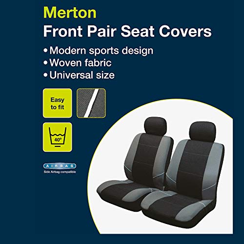 Sakura Merton SS3633 - Fundas para Asientos delanteros y Reposacabezas de Coche, Universales, Dobladillos Elásticos, Compatibles con Airbags Laterales, Aptas para Lavadora, Color Negro y Gris