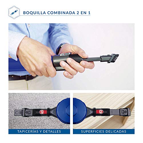 SAMBA Aspirador Vertical y de Mano Sin Cable Aspira Pro. Aspirador Escoba con Cepillo Motorizado Flexible 180º, Luz LED, 2 Niveles Potencia, Boquilla Combinada, Soporte de Pared, 150W, Plástico, Azul