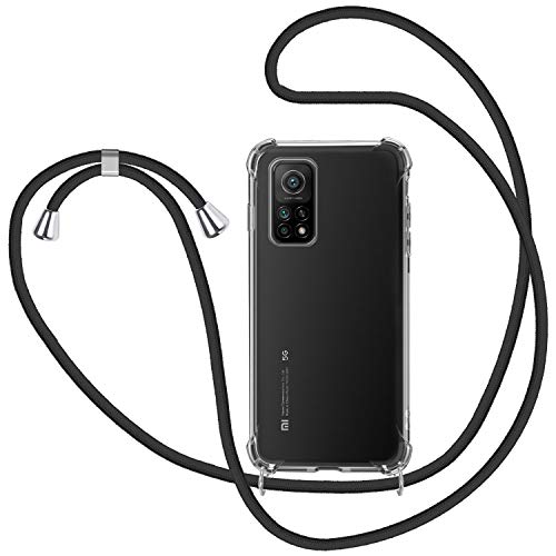 SAMCASE Funda con Cuerda para Xiaomi Mi 10T 5G/ 10T Pro 5G, Carcasa Transparente TPU Suave Silicona Case con Correa Colgante Ajustable Collar Correa de Cuello Cadena Cordón - Negro