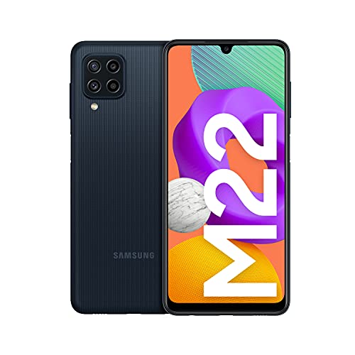 Samsung Galaxy M22 – Pantalla 6,4” (AMOLED HD+, 90Hz, 4GB RAM + 128GB almacenamiento, cuádruple cámara trasera, 5000 mAh carga rápida 25W) Negro [Versión Es]