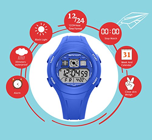 SANDA - Reloj Deportivo Impermeable para Niños Niñas Reloj de Pulsera Digital a Prueba de Agua Infantiles - Azul