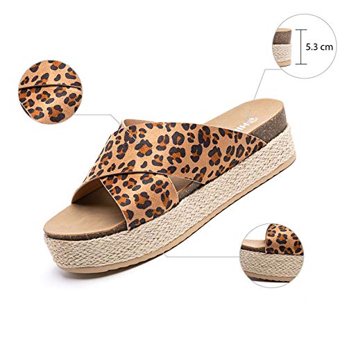 Sandalias Mujer Alpargatas Cuña Plataforma Chanclas Verano Playa Zapatillas de Cinturón Cruzado Punta Abierta Tacón 5.3 cm 1-Leopardo EU39