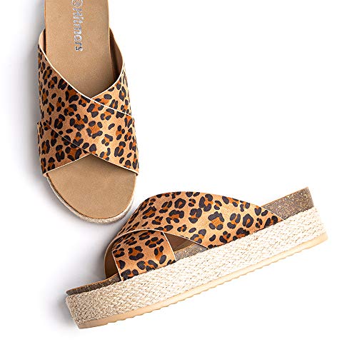 Sandalias Mujer Alpargatas Cuña Plataforma Chanclas Verano Playa Zapatillas de Cinturón Cruzado Punta Abierta Tacón 5.3 cm 1-Leopardo EU39