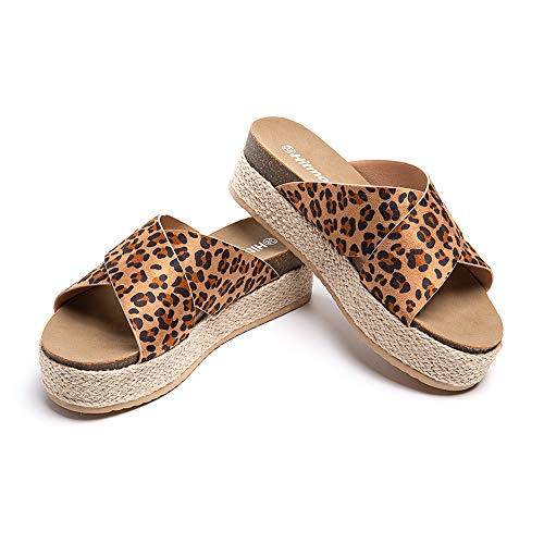 Sandalias Mujer Alpargatas Cuña Plataforma Chanclas Verano Playa Zapatillas de Cinturón Cruzado Punta Abierta Tacón 5.3 cm 1-Leopardo EU39