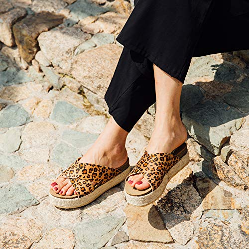 Sandalias Mujer Alpargatas Cuña Plataforma Chanclas Verano Playa Zapatillas de Cinturón Cruzado Punta Abierta Tacón 5.3 cm 1-Leopardo EU39