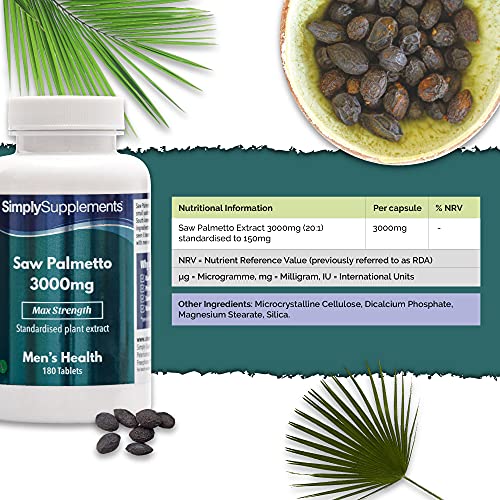 Saw Palmetto 3000mg - ¡Bote para 6 meses! - Apto para veganos - 180 Comprimidos - SimplySupplements