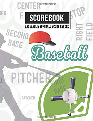 Scorebook Baseball & Softball Score Record: 100 Scoring Sheets For Baseball and Softball Games Plus Note Pages (Baseball Term Collage)