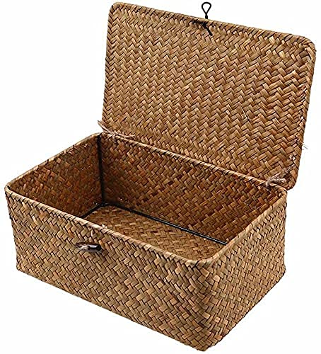 Seagrass - Cesta de mimbre con tapa para cestas de almacenamiento, cesta de ratán trenzado, cesta de mimbre con tapa para cestas de almacenamiento (mediana 26 x 16 x 10 cm)