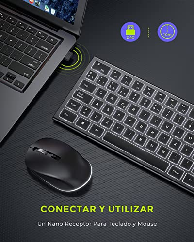 Seenda Combo Teclado y Ratón Inalámbricos Retroiluminado, Pack Teclado y Ratón Inalámbricos Recargable,2.4GHz con Receptor USB, QWERTY Espaol, Completo Botones, Ultra Delgado, para PC/Laptops/Windows