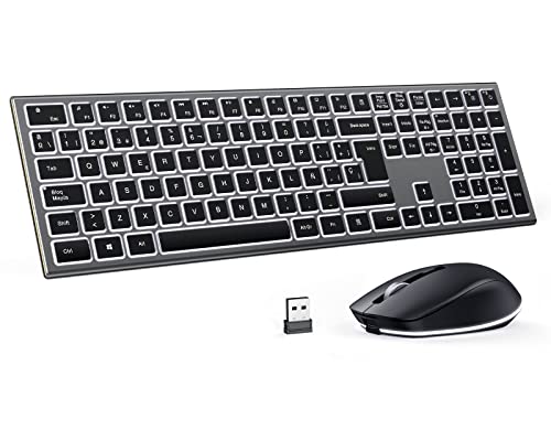 Seenda Combo Teclado y Ratón Inalámbricos Retroiluminado, Pack Teclado y Ratón Inalámbricos Recargable,2.4GHz con Receptor USB, QWERTY Espaol, Completo Botones, Ultra Delgado, para PC/Laptops/Windows