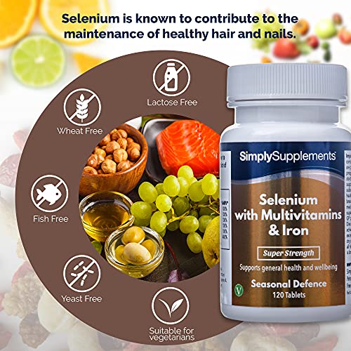 Selenio 220 mcg con Vitamina C, Multivitaminas y Hierro - ¡Bote para 4 meses! - Apto para vegetarianos - 120 Comprimidos - SimplySupplements