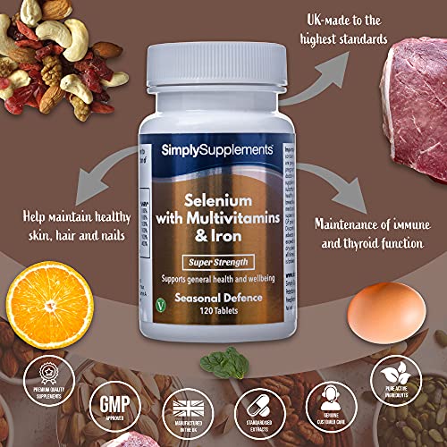 Selenio 220 mcg con Vitamina C, Multivitaminas y Hierro - ¡Bote para 4 meses! - Apto para vegetarianos - 120 Comprimidos - SimplySupplements