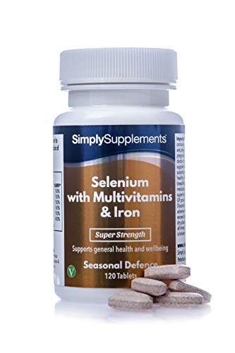 Selenio 220 mcg con Vitamina C, Multivitaminas y Hierro - ¡Bote para 4 meses! - Apto para vegetarianos - 120 Comprimidos - SimplySupplements