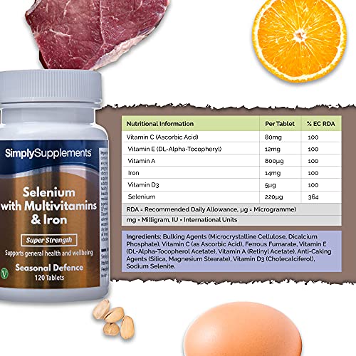 Selenio 220 mcg con Vitamina C, Multivitaminas y Hierro - ¡Bote para 4 meses! - Apto para vegetarianos - 120 Comprimidos - SimplySupplements