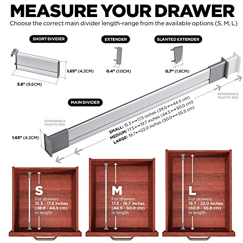 Separadores Ajustables de Cajones de Cocina, Elegante Organizador Modular de Aluminio, Juego de 6 Separadores (Mediano | para Cajones 44,5 cm - 50 cm de largo) de Practical Comfort