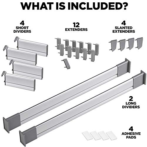 Separadores Ajustables de Cajones de Cocina, Elegante Organizador Modular de Aluminio, Juego de 6 Separadores (Mediano | para Cajones 44,5 cm - 50 cm de largo) de Practical Comfort