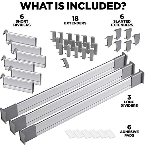 Separadores Ajustables de Cajones de Cocina, Elegante Organizador Modular de Aluminio, Juego de 9 Separadores (Largo | para Cajones 50 cm - 55,5 cm de largo) de Practical Comfort