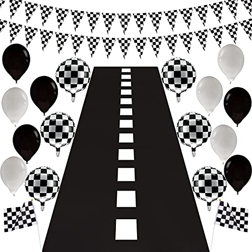 Set de Favor de Fiesta de Coche de Carreras Incluye Piso de Pista de Carreras de 9,8 Feet de Largo y Bandera de Banderín de 6,6 Feet y 2 Banderas a Cuadros Blanco y Negro con 16 Globos