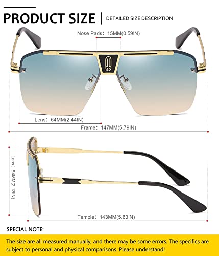 SHEEN KELLY Gafas de sol retro de gran tamaño para hombres y mujeres Gafas de sol cuadradas sin montura Gafas de sol con parte superior plana Vintage