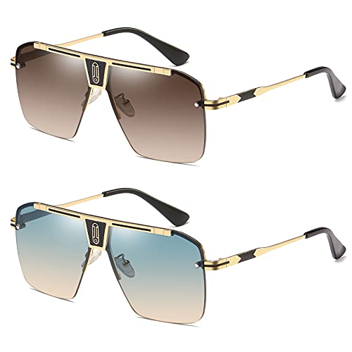 SHEEN KELLY Gafas de sol retro de gran tamaño para hombres y mujeres Gafas de sol cuadradas sin montura Gafas de sol con parte superior plana Vintage