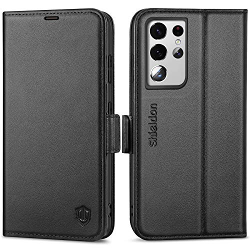 SHIELDON Funda Galaxy S21 Ultra 5G, Funda Piel Genuino con Bloqueo RFID, Cáscara de TPU,Ranura para Tarjeta, Soporte Plegable, Funda Tapa Libro Protectora para Galaxy S21 Ultra 5G (6.8'' 2021), Negro