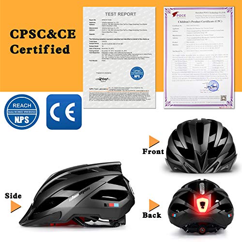 Shinmax Casco de Bicicleta con Luz LED USB Visera Desmontable Ajustable con Certificación CE Casco de Bicicleta BMX Scooter Montaña y Carretera Especializado para Adultos Casco Bicicleta con Mochila