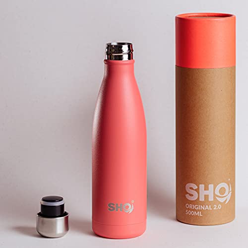 SHO Bottle - Botella Última Aislada por Vacío de Doble Pared de Acero Inoxidable, Botella de Agua y Vaso – 12 Horas Caliente & 24 Fría – Sin BPA (Outrageous Orange 2.0 - Powder Coated, 375ml)