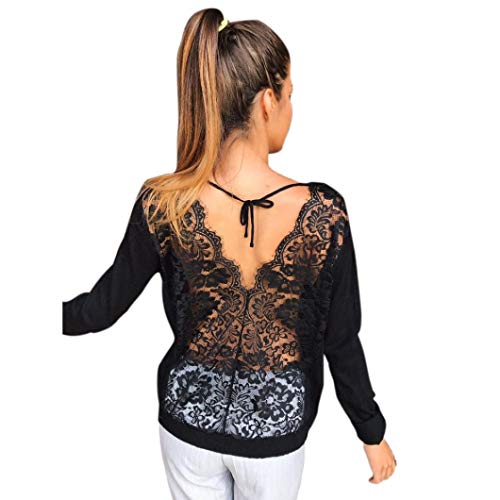 SHOBDW Mujeres de Manga Larga sólido sin Espalda O-Cuello de Encaje Sexy Sudadera Pullover Tops Blusa de otoño Camisa(Negro,M)