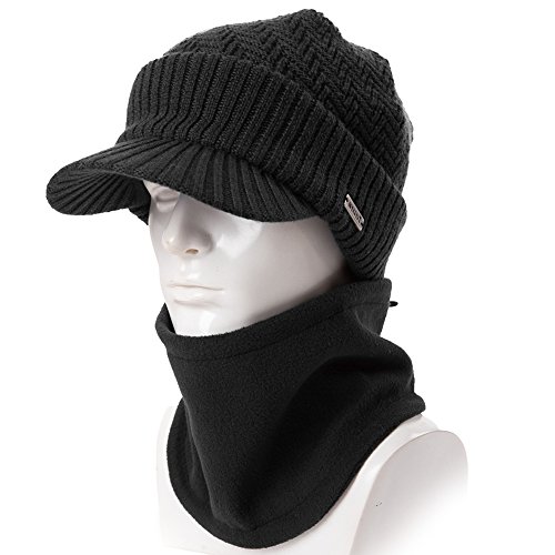 Siggi - Comhats - Conjunto de gorro y bufanda, gorro de punto con visera, de lana, para el invierno, bufanda, de forro polar, braga de cuello, para hombres Negro 69311_Negro L