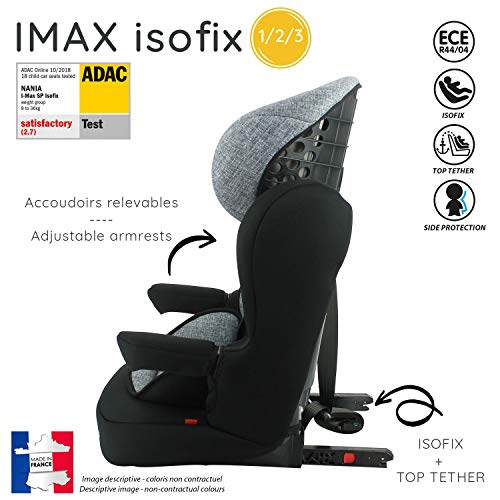 Silla de coche para Bebe isofix IMAX grupo 1/2/3 (9-36kg) con proteccion lateral y el reposacabezas ajustable - made in France - Nania Luxe gris