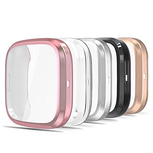 Simpeak Funda Compatible con Fitbit Versa 2 Protector de Pantalla (NO Compatible con Fitbit Versa/Versa Lite/SE), [5 Pack]Suave TPU Cubierta Cover Case, Negro/Rosa/Plata/Claro/Oro Rosa