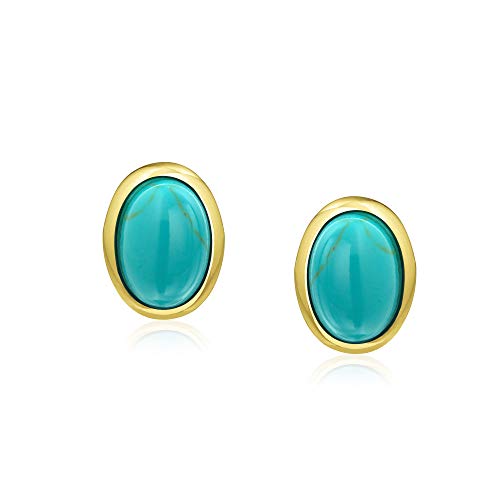 Simple azul comprimido azul turquesa bisel turquesa botón de domo pendientes para las mujeres 14K oro plateado plata de ley