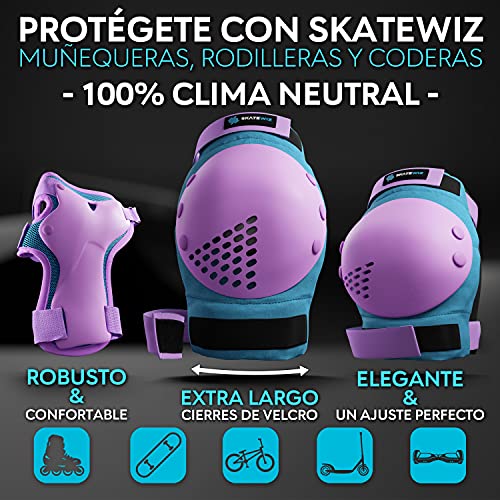 SKATEWIZ Rodilleras de Patinaje y Coderas - Muñequeras - Smash - Talla M/L en Azul y Púrpura - Rodilleras para Niños Patinadores - Rodilleras de Patinaje para Niños 8-14