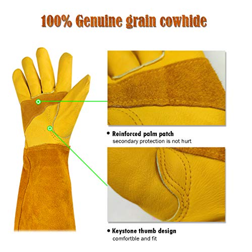 SLARMOR Guantes de Jardinería de Cuero para Mujeres/ Hombres Resistentes a Puñaladas y a Los Cortes, para Poda de Rosales, Protege Contra Espinas, con Protección de Antebrazo, Amarillo L